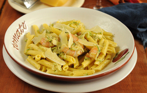 Pasta con Zapallos Italianos, Albahaca y Camarones