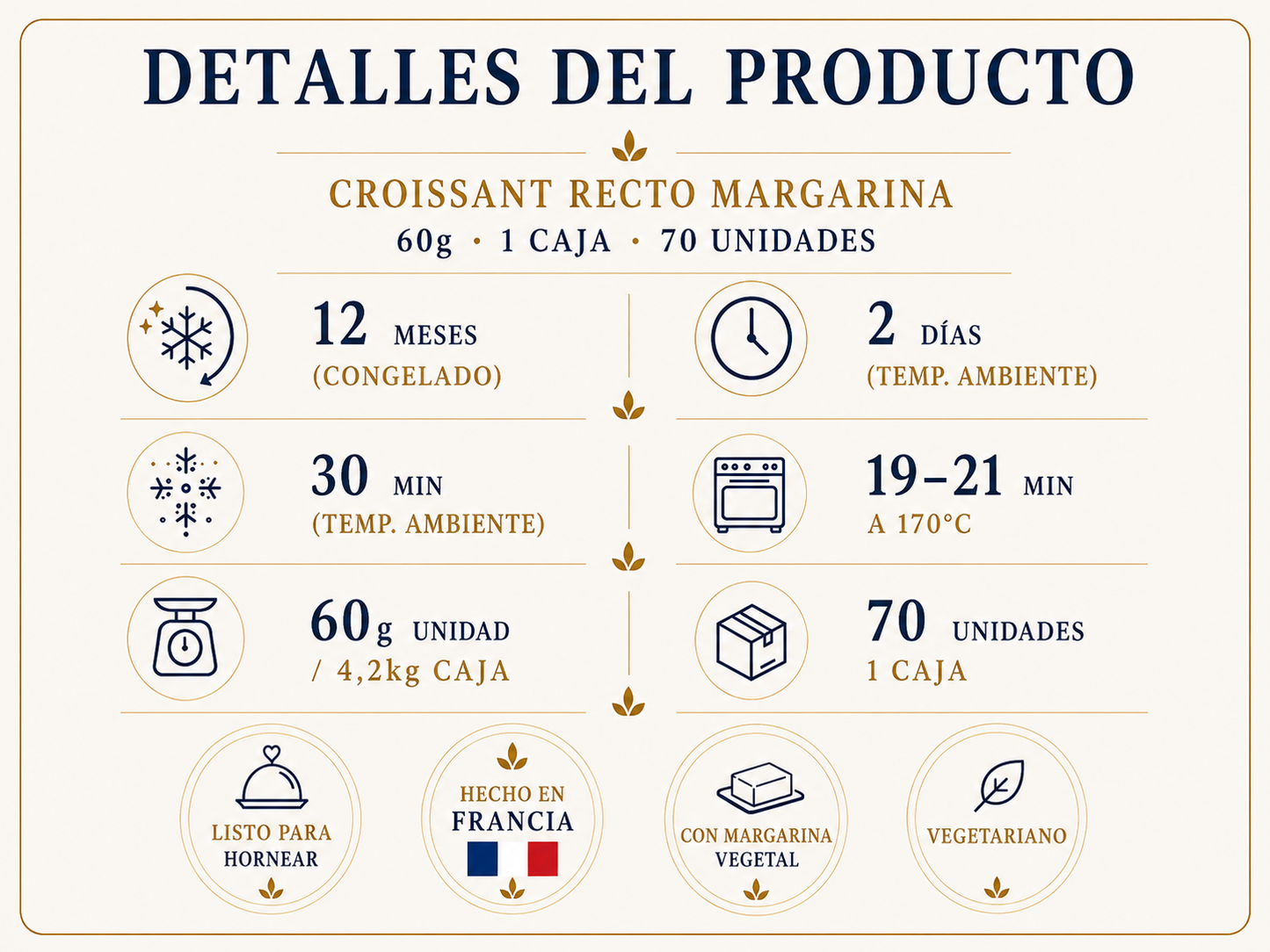 Croissant Recto Margarina 60g 1 Caja 70 Unidades